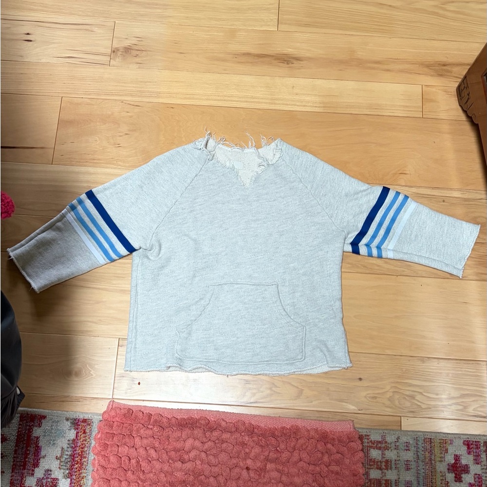 MOTHER Light Gray Scoop Neck Sweater with Blue Stripe Sleeves